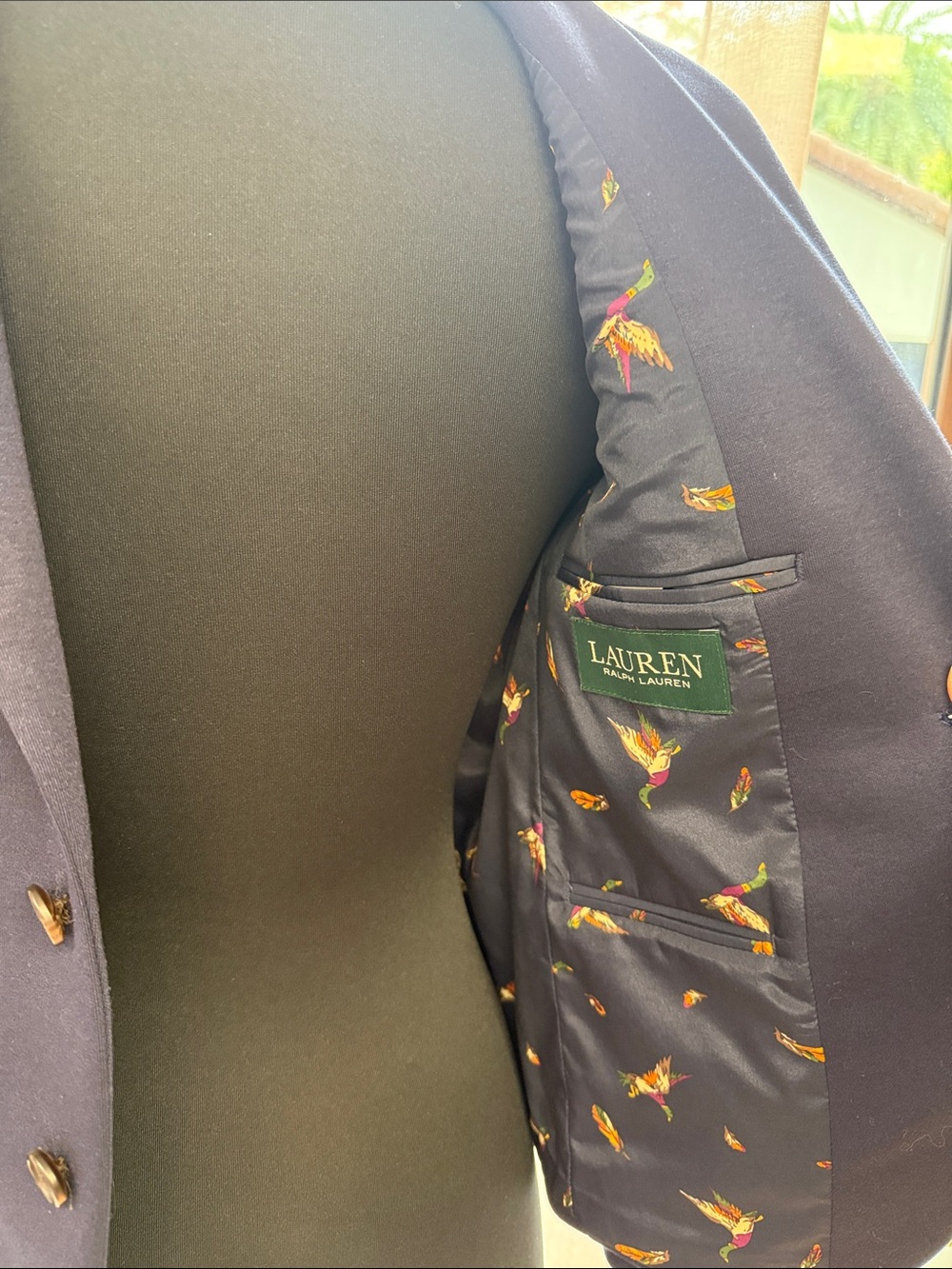 Lauren Ralph Lauren Navy Jacket with Colorful Bird-Print Lining